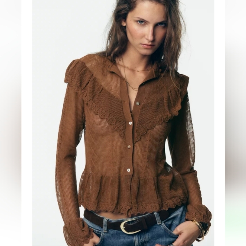 Zara Brown Pointelle Knit Romantic Sheer Lace Trim Top Sz-M